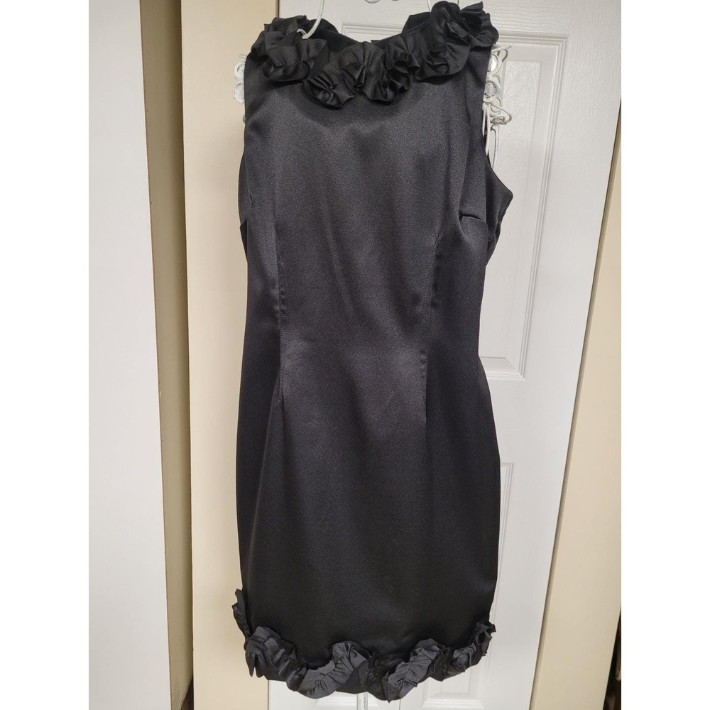 Black Boho Satin Goth Ruffle Neck Sheath Coquette Cocktail Dress Size 10